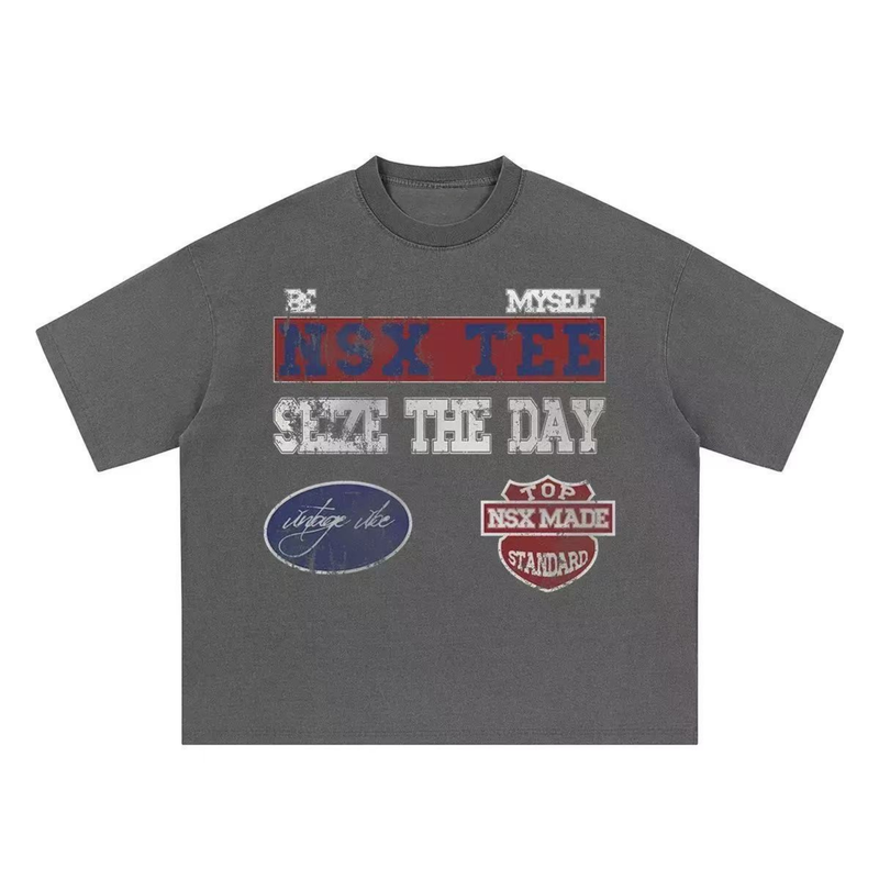 Dark gray vintage washed graphic T-shirt with bold Seize the Day lettering and retro patch-style prints on the front