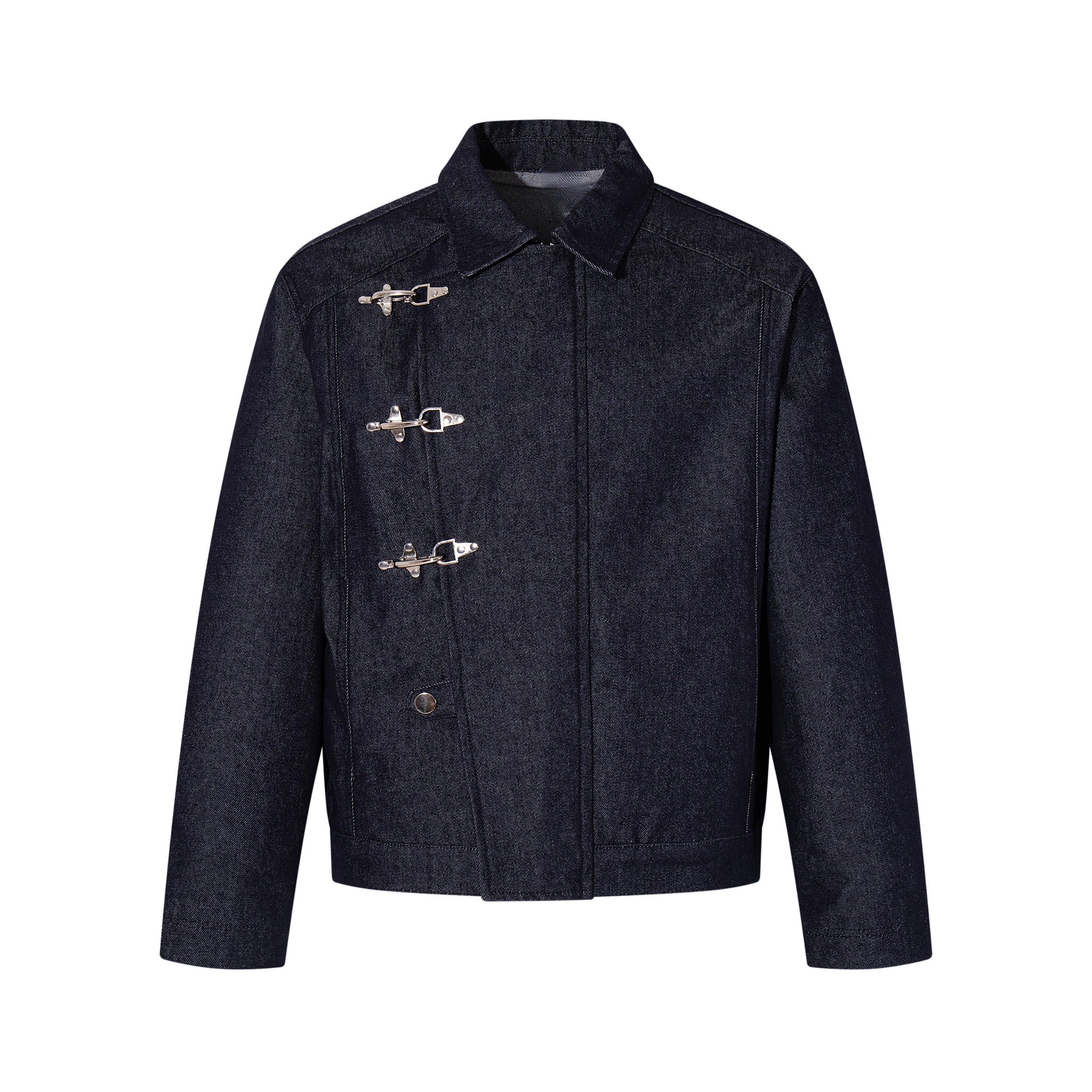 Men's Dark Indigo Denim Jacket with Metal Buckle Detail