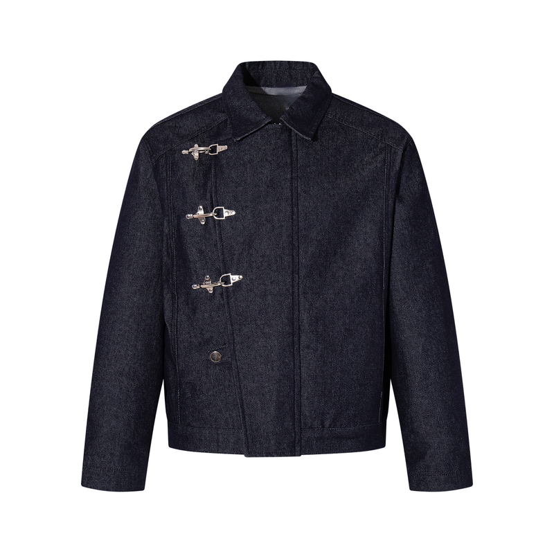 Men's Dark Indigo Denim Jacket with Metal Buckle Detail