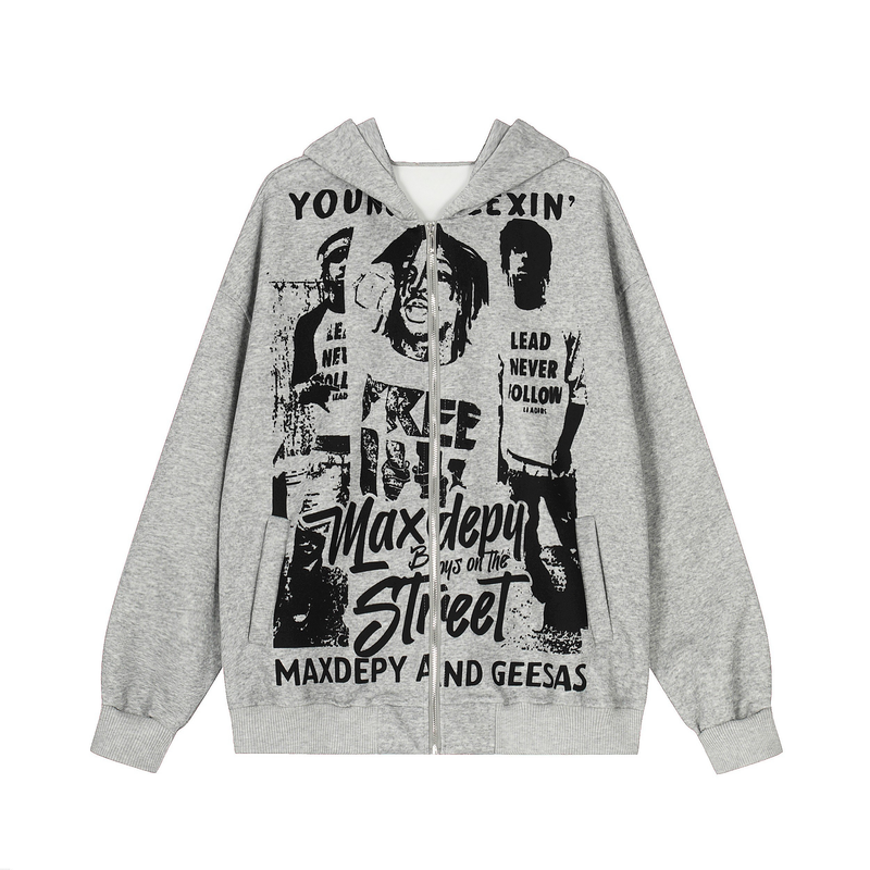 Light gray zip-up hoodie with black collage graphic and oversized hood, front view