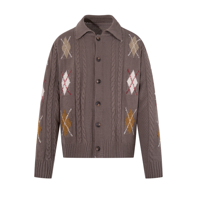 Brown cable knit cardigan with argyle patches, front view on white background