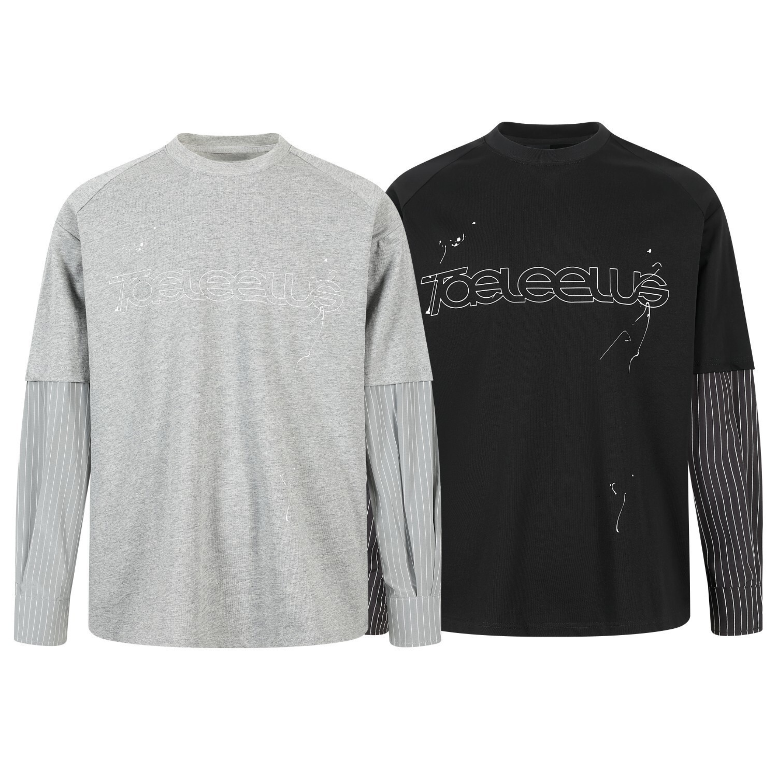 Omirad layered long sleeve tee in heather grey and black with contrast pinstripe sleeves and chest logo print