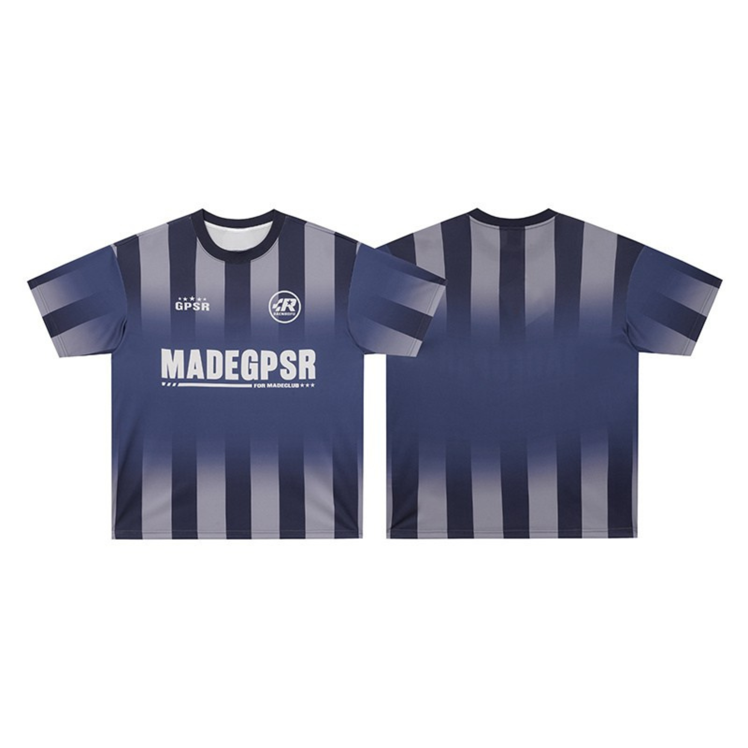 Front and back view of a navy and grey gradient vertical stripe performance soccer jersey with MADEGPSR branding