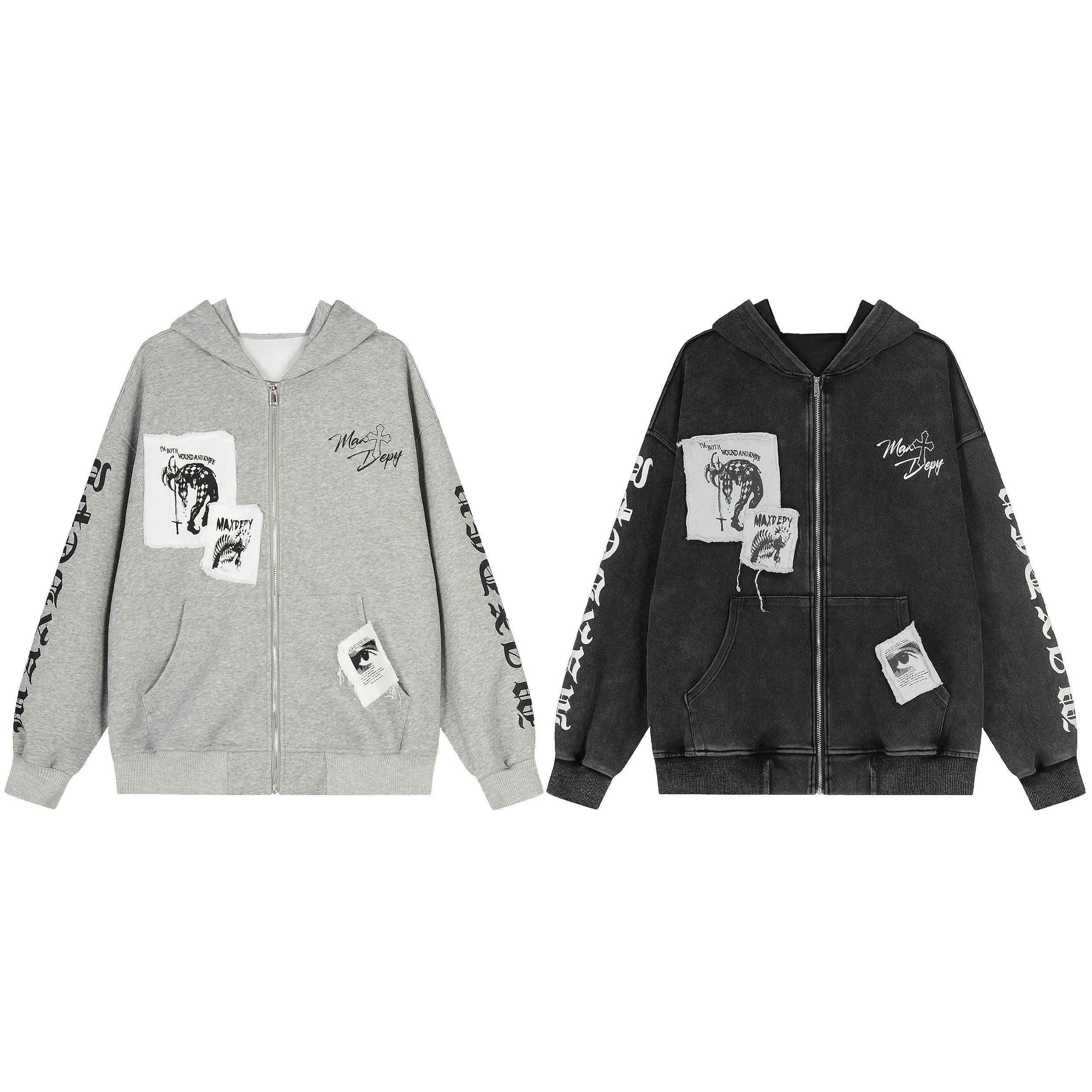 Oversized heather grey distressed graphic zip hoodie with layered chest patches and gothic sleeve typography, front view