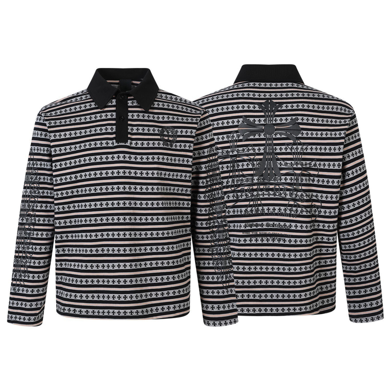 Black striped long sleeve polo shirt shown front and back to display cross graphics