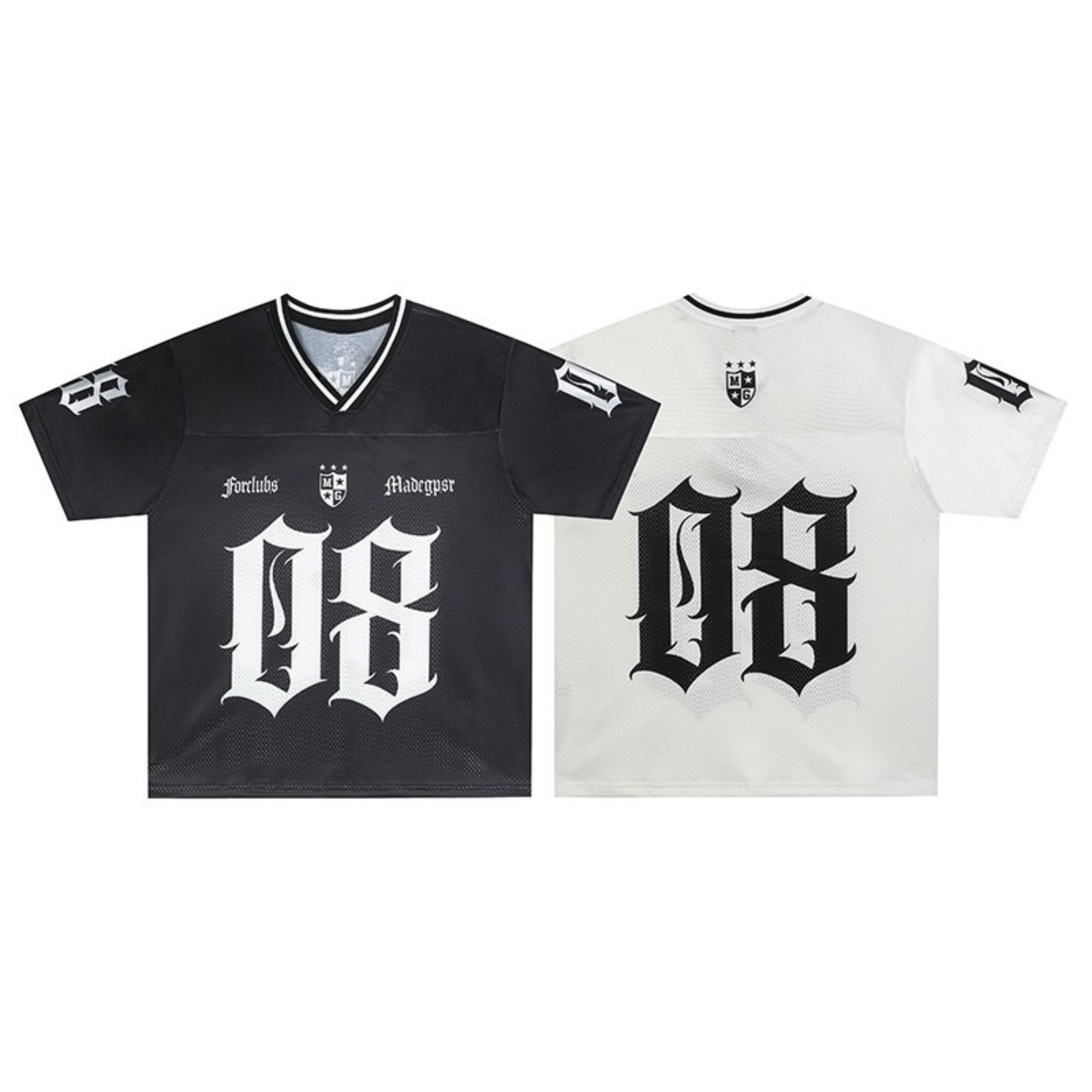 Black and white gothic varsity mesh jerseys showing front and back with oversized blackletter 08 print and shield crest badge