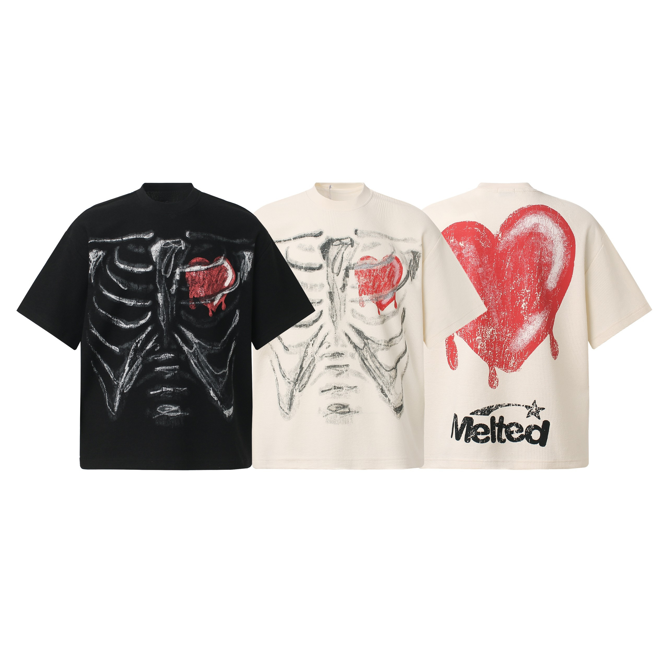 Black oversized graphic t-shirt with hand-drawn ribcage illustration and melting red heart print on the front