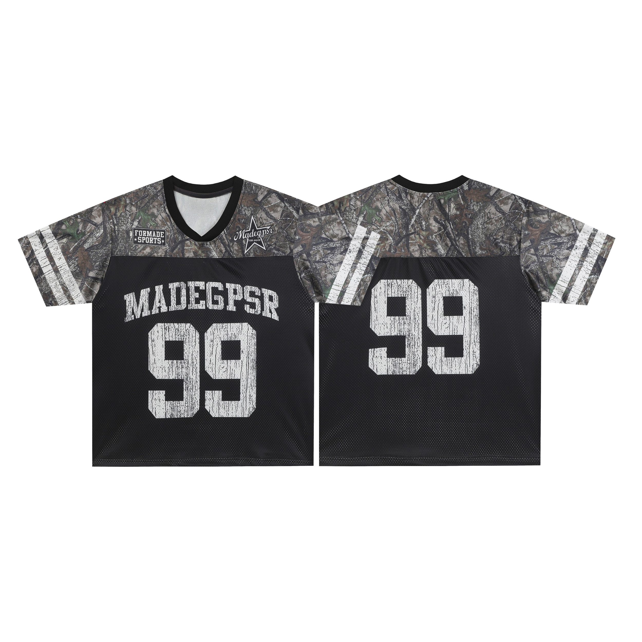 Front and back view of a black and woodland camo football jersey with number 99 and varsity lettering