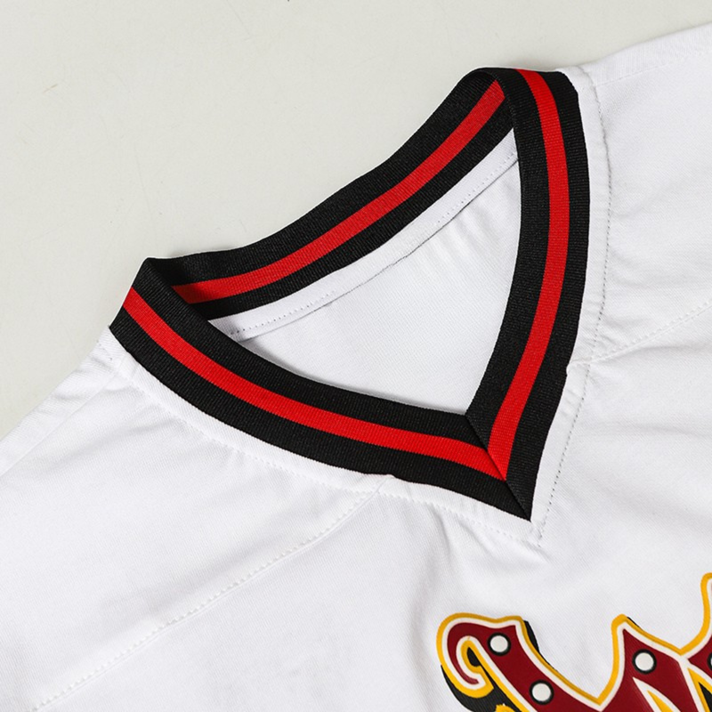 White Gothic Flame cotton football jersey with black and red striped collar detail and embroidered streetwear graphic