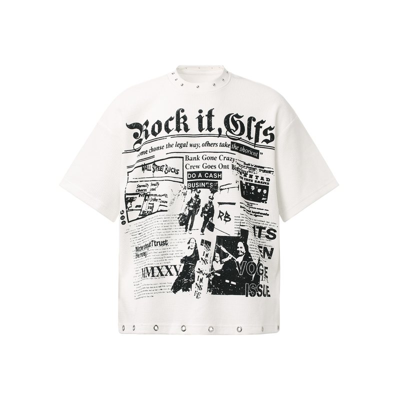 White oversized graphic tee with black gothic collage print and studded collar and hem detail