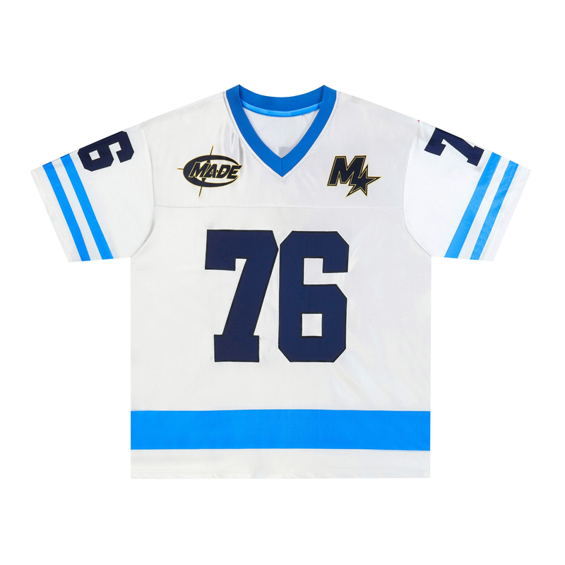 White oversized football jersey with blue stripes, blue V-neck trim, and large number 76 on the front