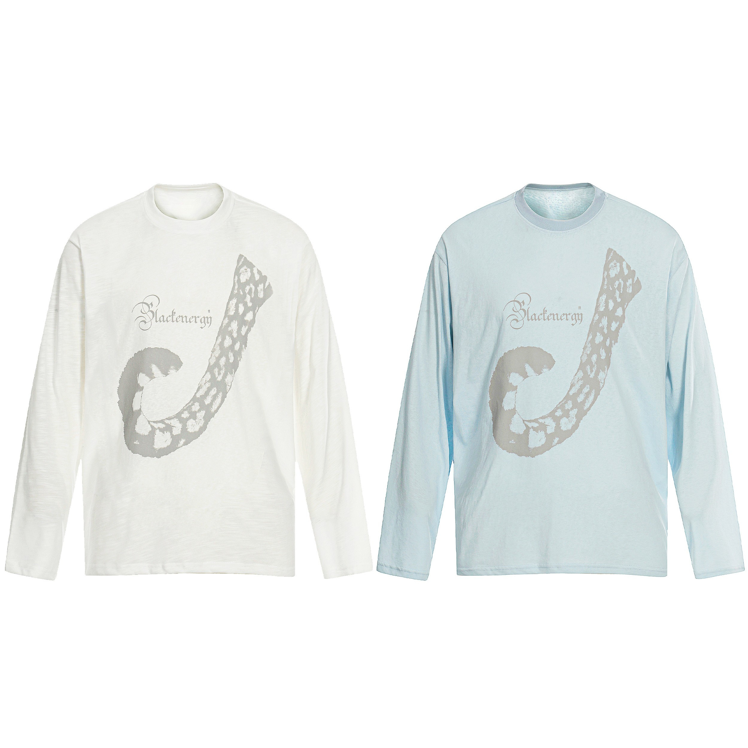 Omirad Blackenergy long sleeve tee in off-white with large grey abstract leopard graphic print on chest