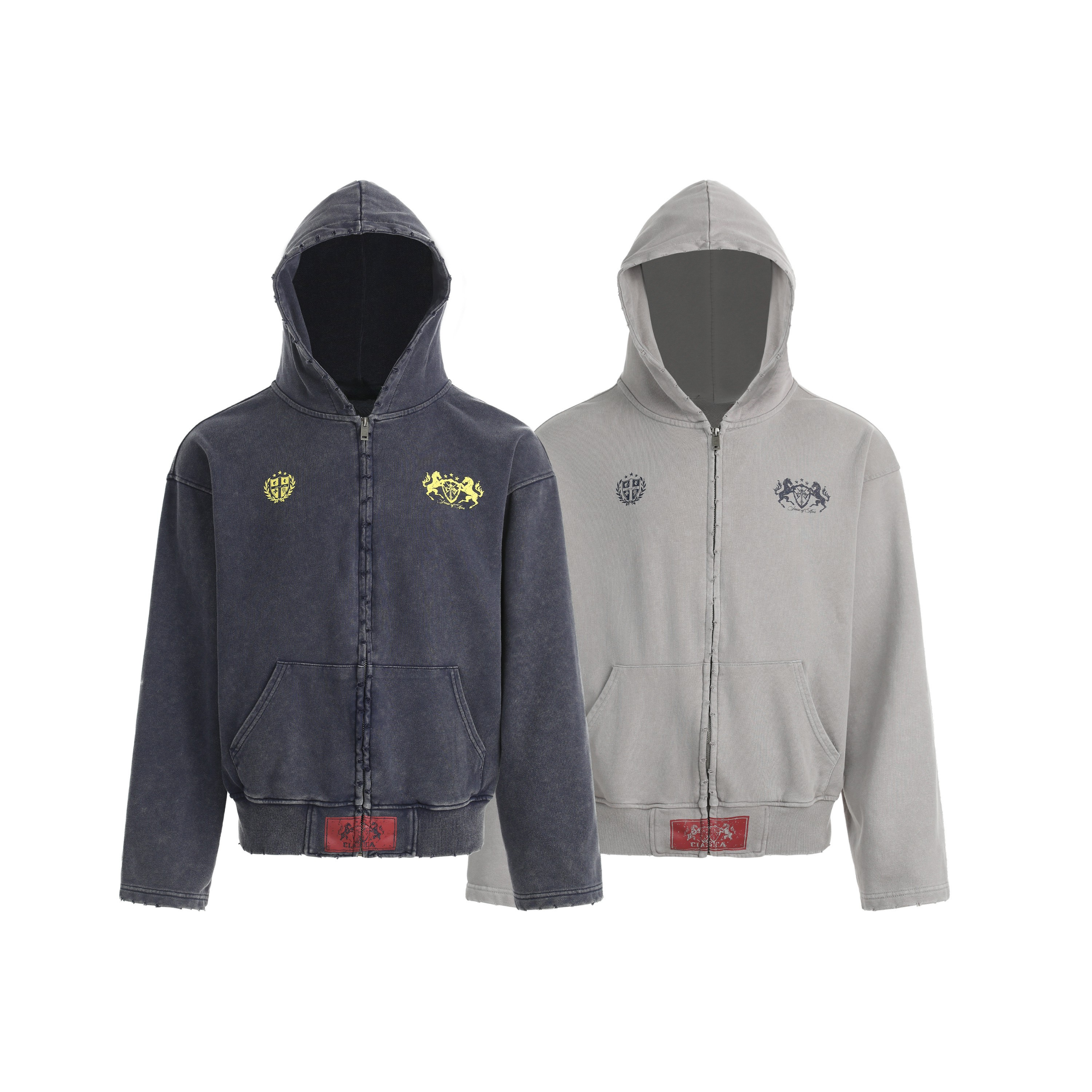 Omirad Vintage Crest Zip Hoodie in washed charcoal and stone grey, shown side by side with yellow and tonal crest embroidery