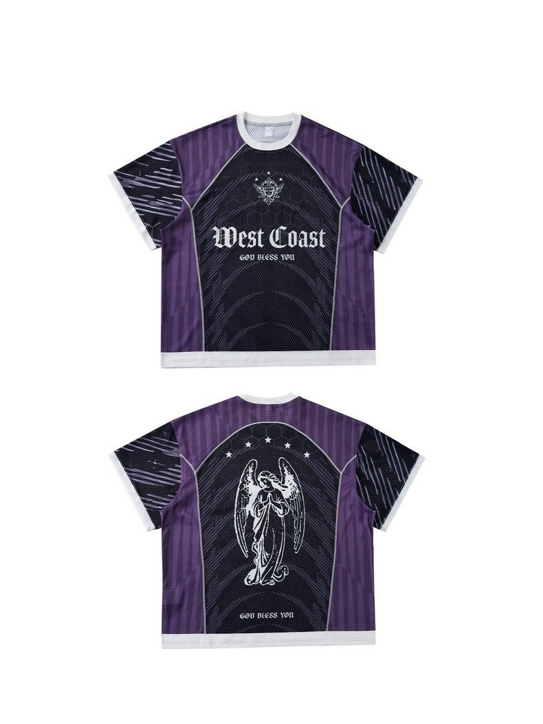 Purple and black mesh soccer jersey with gothic West Coast print and angel graphic on front and back