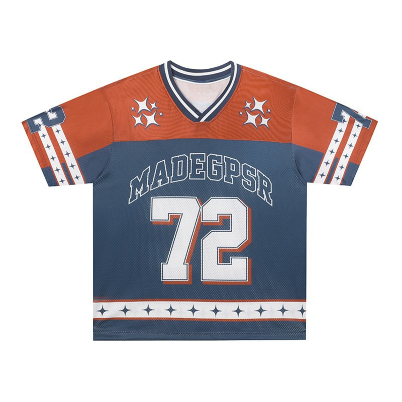 Varsity-style football jersey in navy and orange with star stripes, mesh texture, and large 72 front graphic