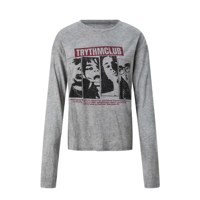 Gray long sleeve tee with red TRYTHMCLUB front graphic and black punk faces