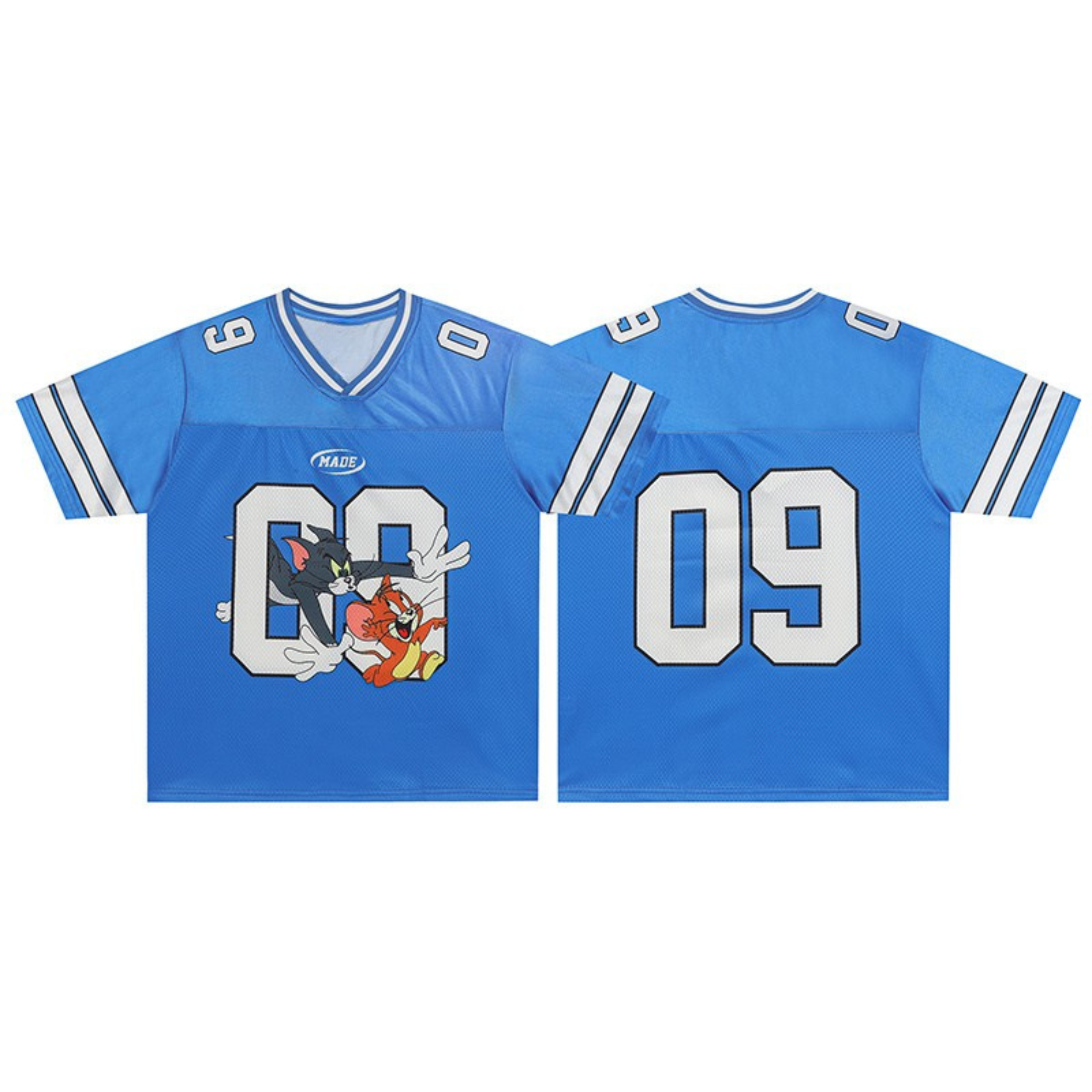 Blue Tom and Jerry cartoon football jersey showing front and back with number 09 and varsity stripe sleeves