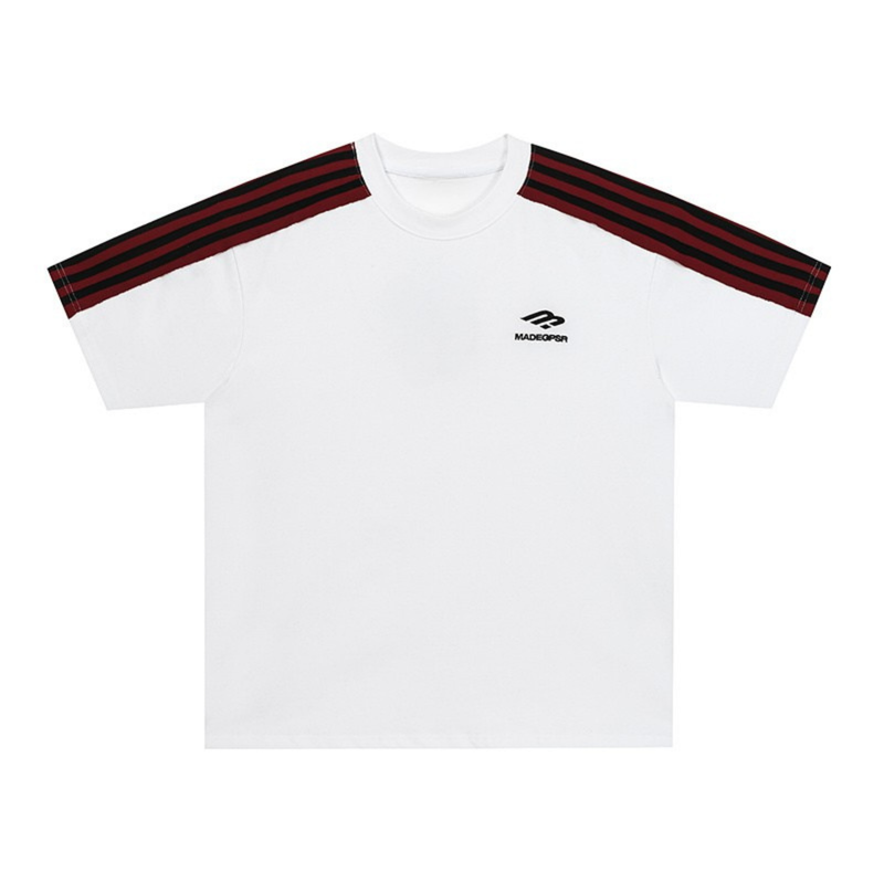White cotton tee with black and burgundy triple stripe sleeves and a small chest logo, laid flat on a white background