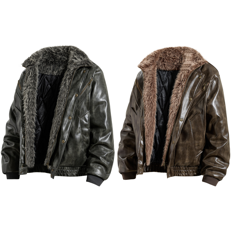 Omirad Faux Leather Bomber Jacket with Faux Fur Collar