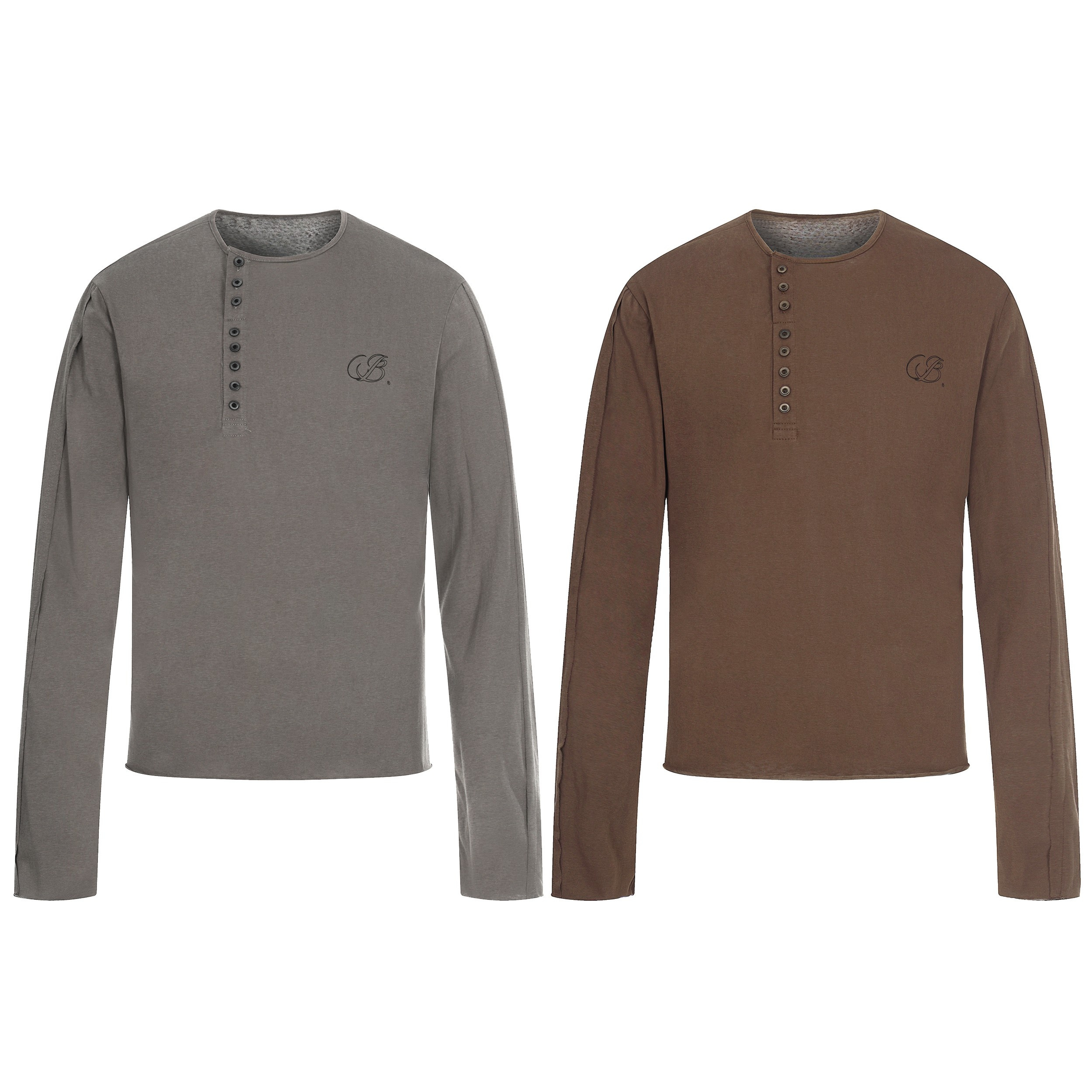 Grey and brown long sleeve henley t-shirts with tonal buttons and small chest logo, laid flat on white background
