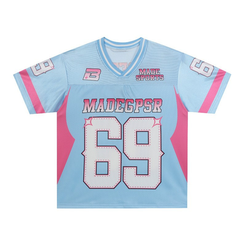 Baby blue and pink Y2K football jersey with mesh fabric, oversized 69 print, and streetwear graphics