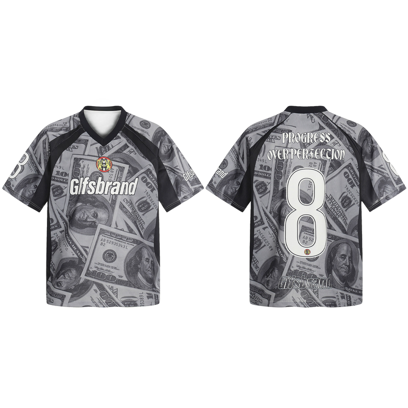 Gray mesh football jersey with dollar bill print, black trim, front logo, and large number 8 on the back