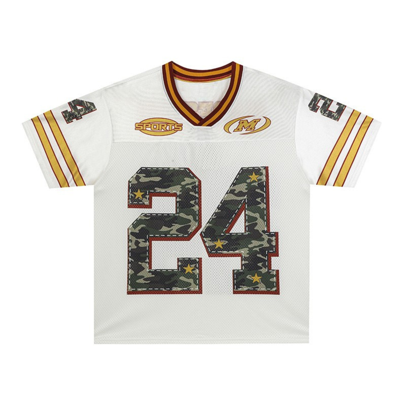 White Seakoff football jersey with camo number 24, maroon and gold trim, and striped sleeve accents