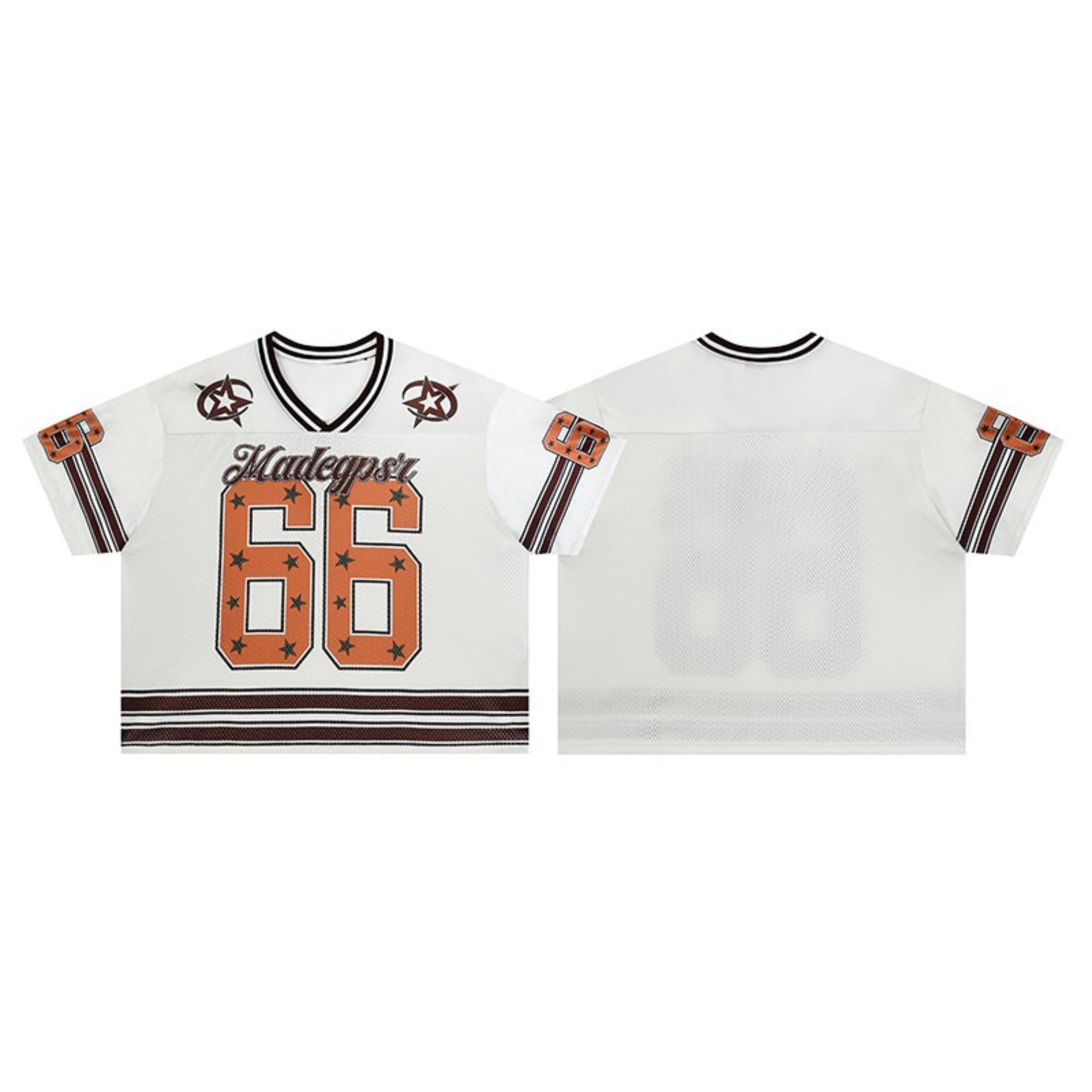 White mesh varsity jersey with orange number 66 graphic, star accents, stripe sleeve detail, front and back view