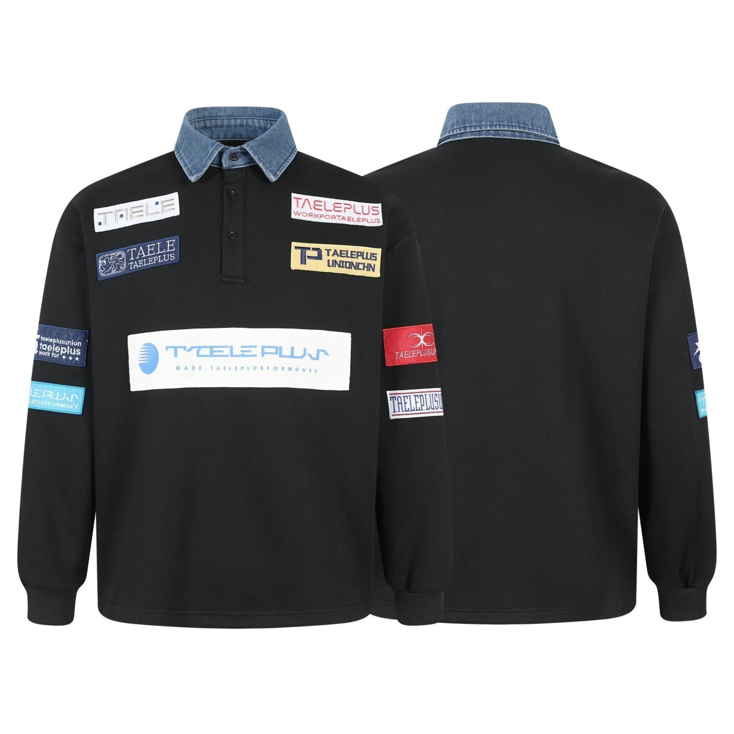 Patchwork Polo Sweatshirt with Contrast Denim Collar