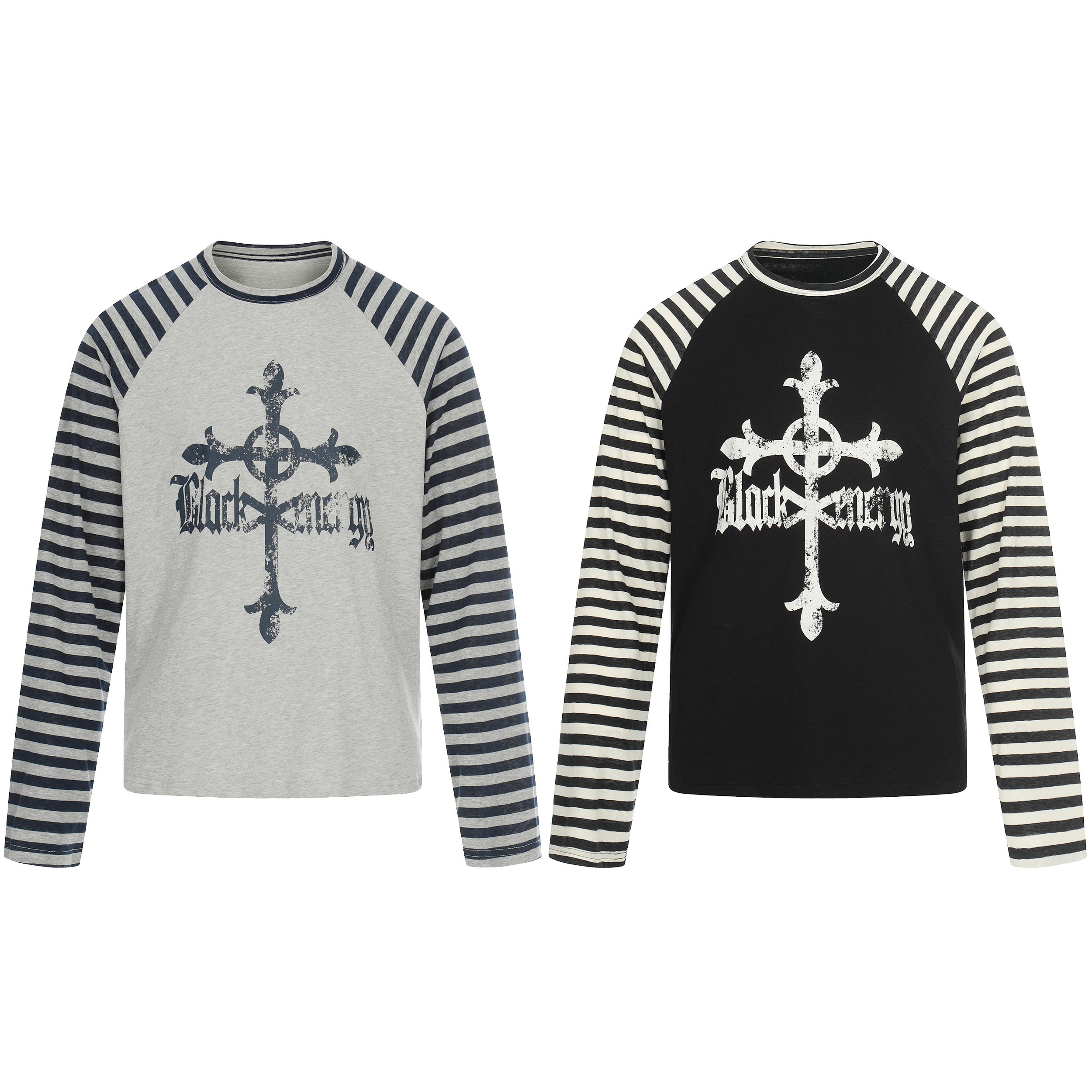 Heather grey raglan long sleeve tee with navy striped sleeves and distressed gothic cross graphic on chest