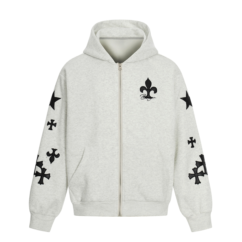 Light gray zip-up hoodie with black cross and star graphics, front view