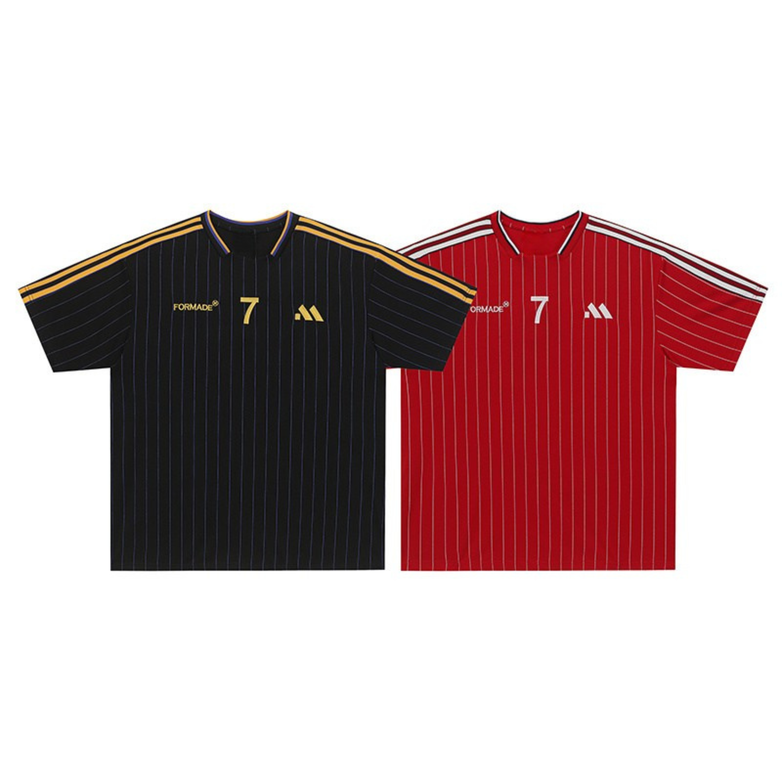 Red pinstripe soccer jersey with white shoulder stripes, number 7 chest graphic, and ribbed crew neckline