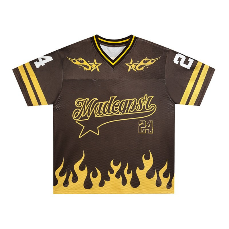Brown and gold varsity jersey with flame hem, star graphics, and number 24 in street football style