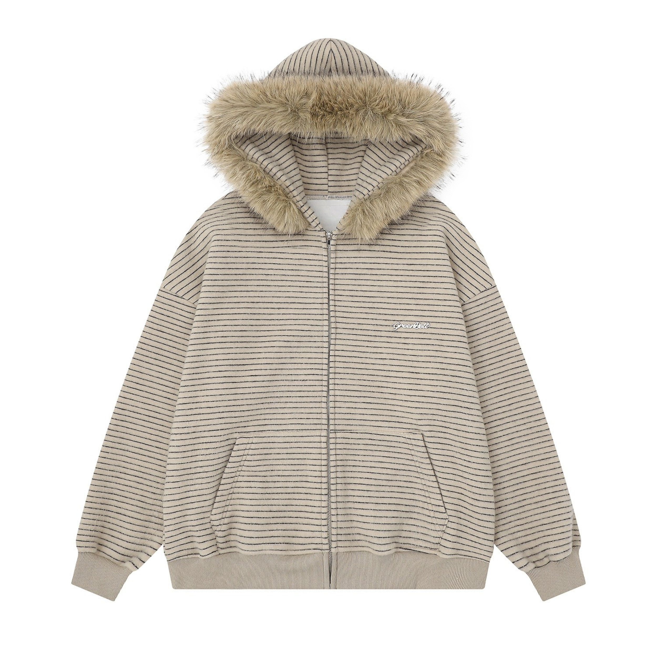 Striped Knit Zip Hoodie with Faux Fur Hood Trim