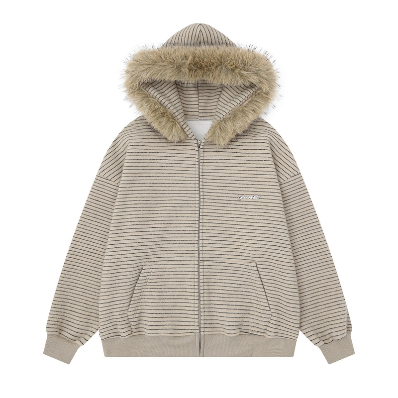 Beige striped zip hoodie with faux fur trim on the hood, front view