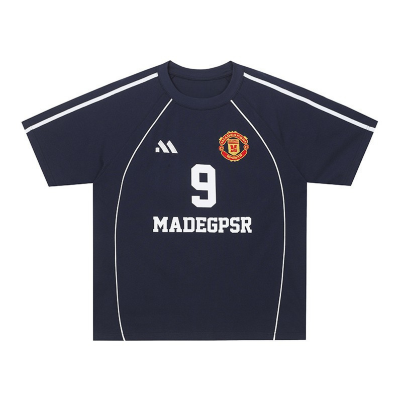 Navy football jersey T-shirt with white piping, number 9, and Madegpsr crest on the chest