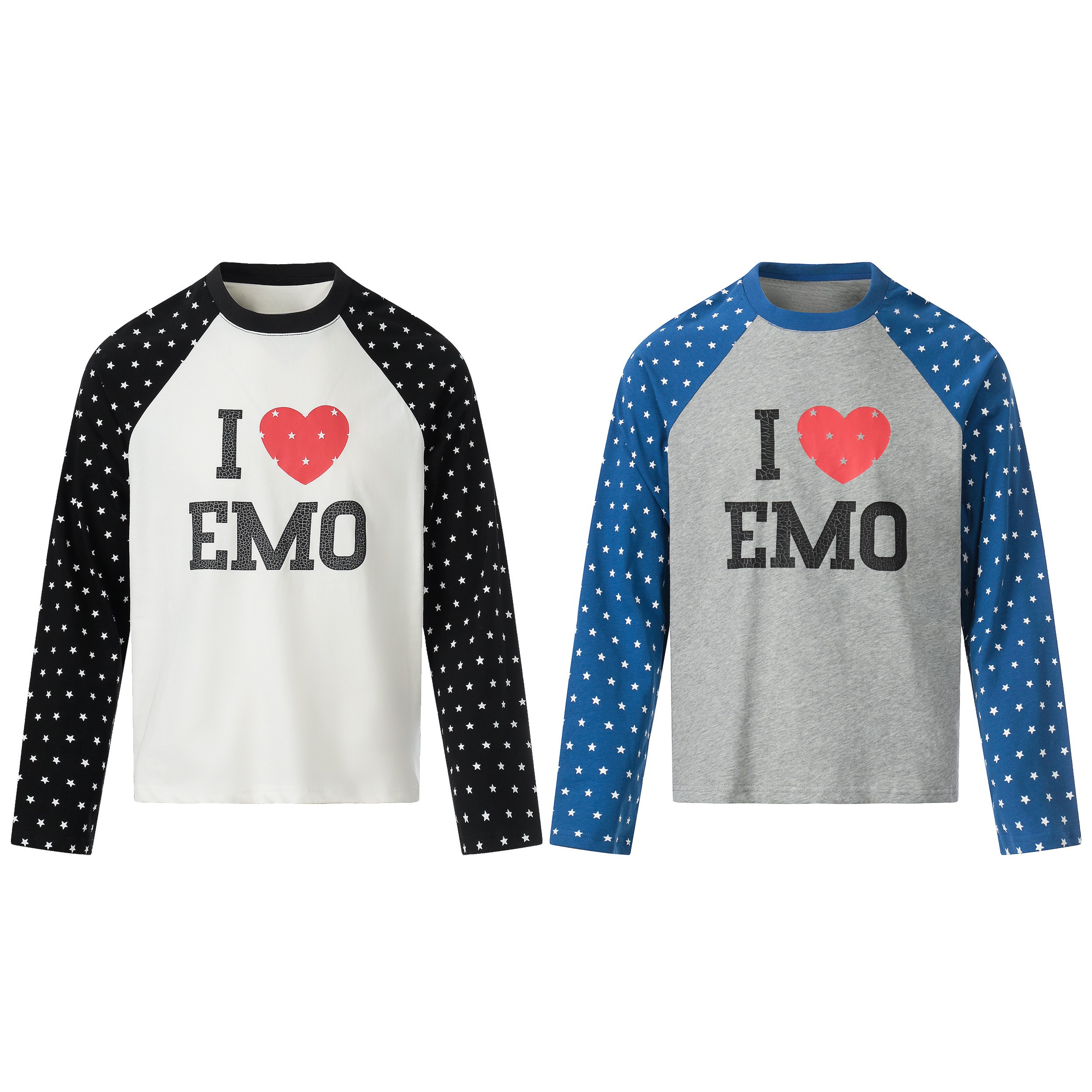 White and black raglan long sleeve tee with bold I Love EMO graphic and star-print contrast sleeves