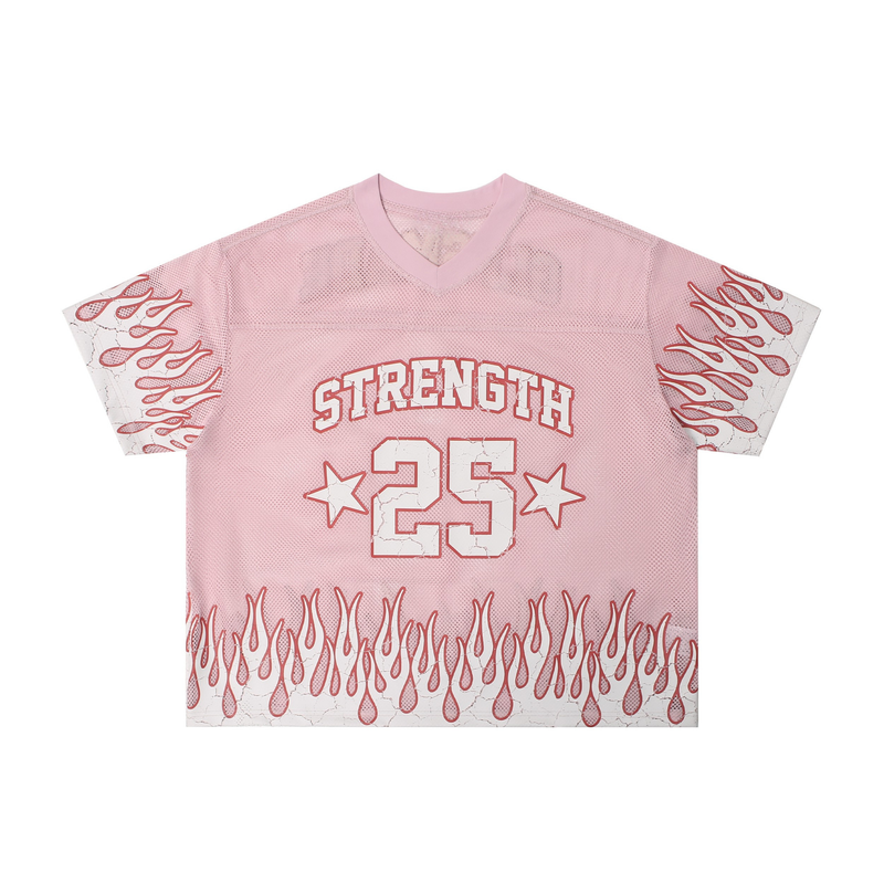 Pink mesh football jersey with flame graphics, Strength 25 print, and streetwear-inspired V-neck design