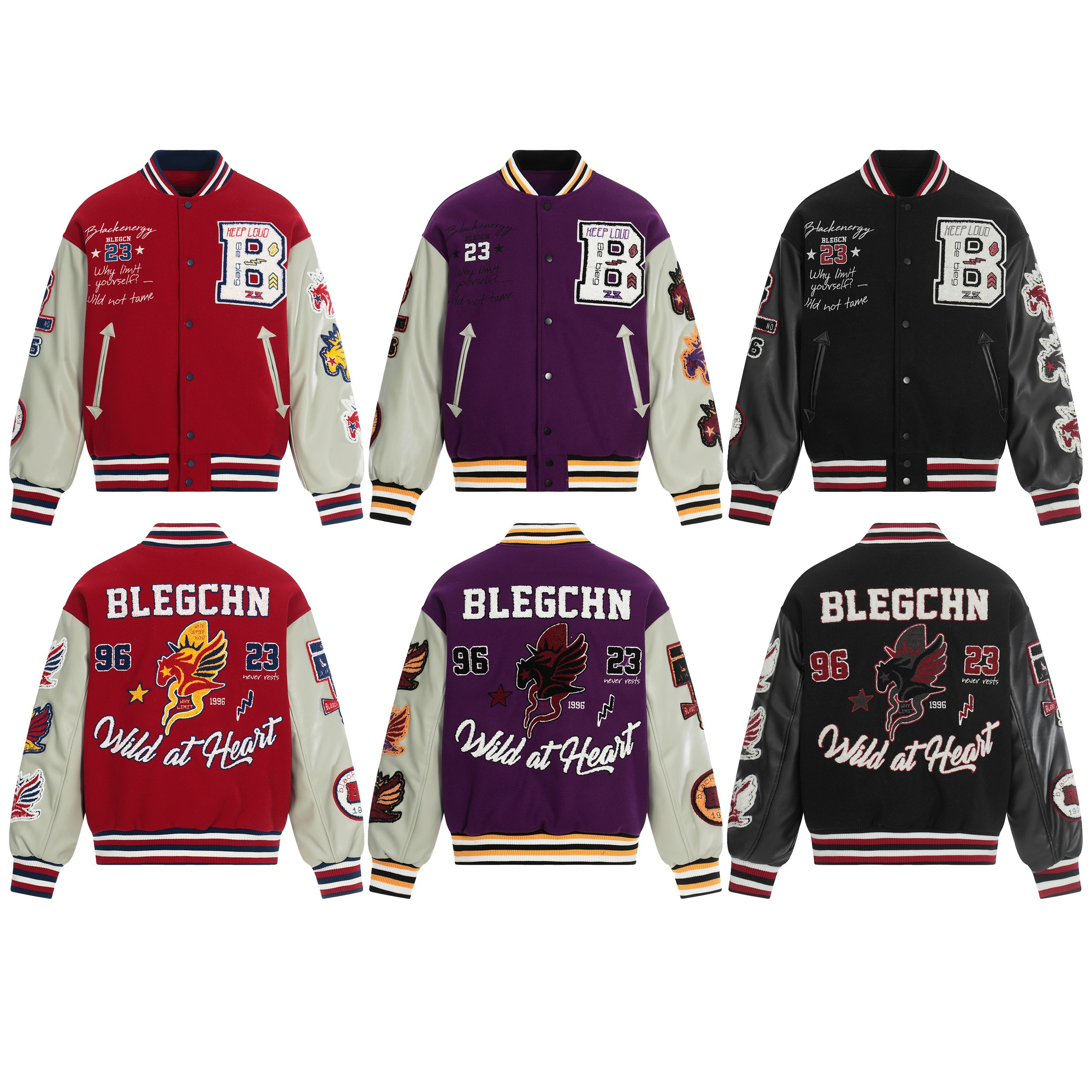 Red and cream embroidered varsity jacket with chenille B patch, arrow pockets, and multi-patch sleeves by SEAKOFF