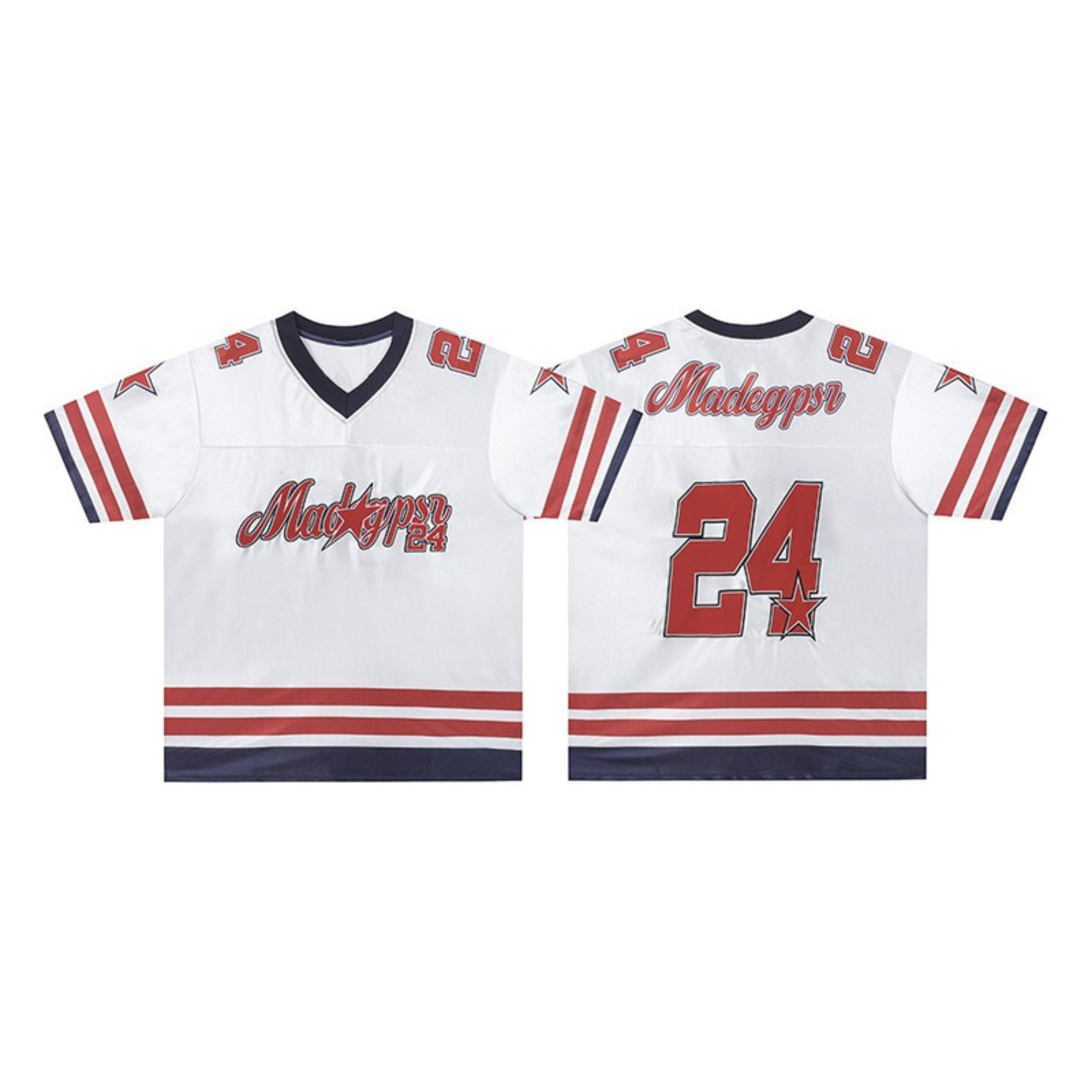 White retro varsity football jersey with red and navy stripes, Mad Gypsr script logo, and number 24, front and back view