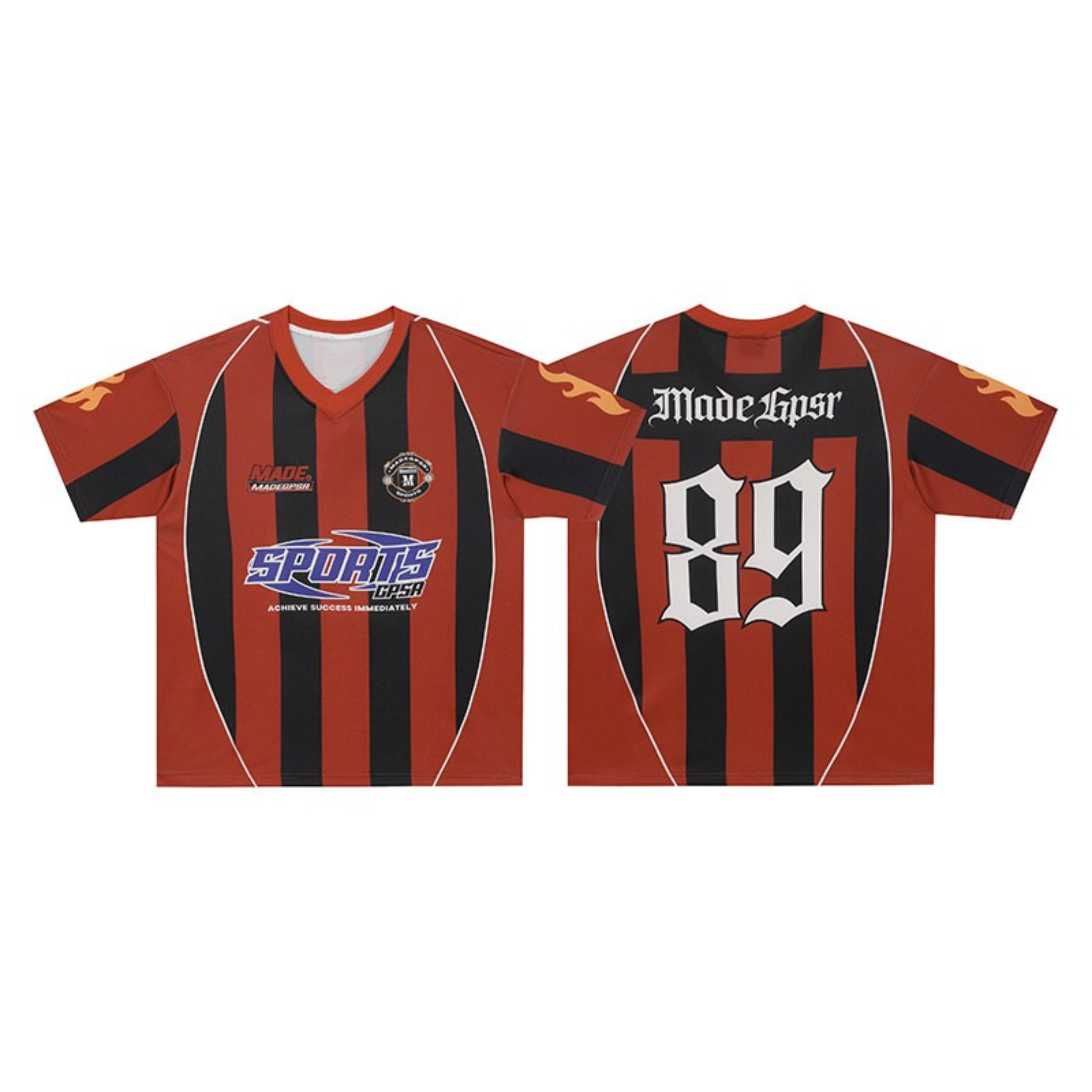 Red and black vertical stripe football jersey with flame sleeve graphics, front and back view showing number 89 and Made GPSR