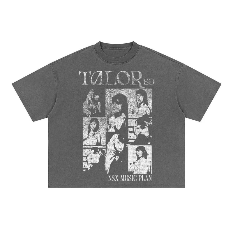 Washed black vintage graphic tee with Taylor red collage print and oversized streetwear fit