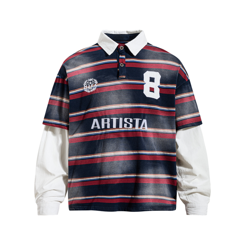 Front view of navy striped rugby polo shirt with white collar, long white sleeves, and ARTISTA chest logo