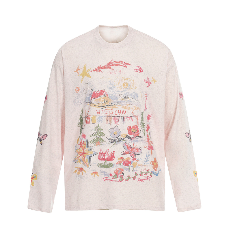 Light pink long sleeve tee with hand-drawn house, stars, flowers and butterfly graphic on front