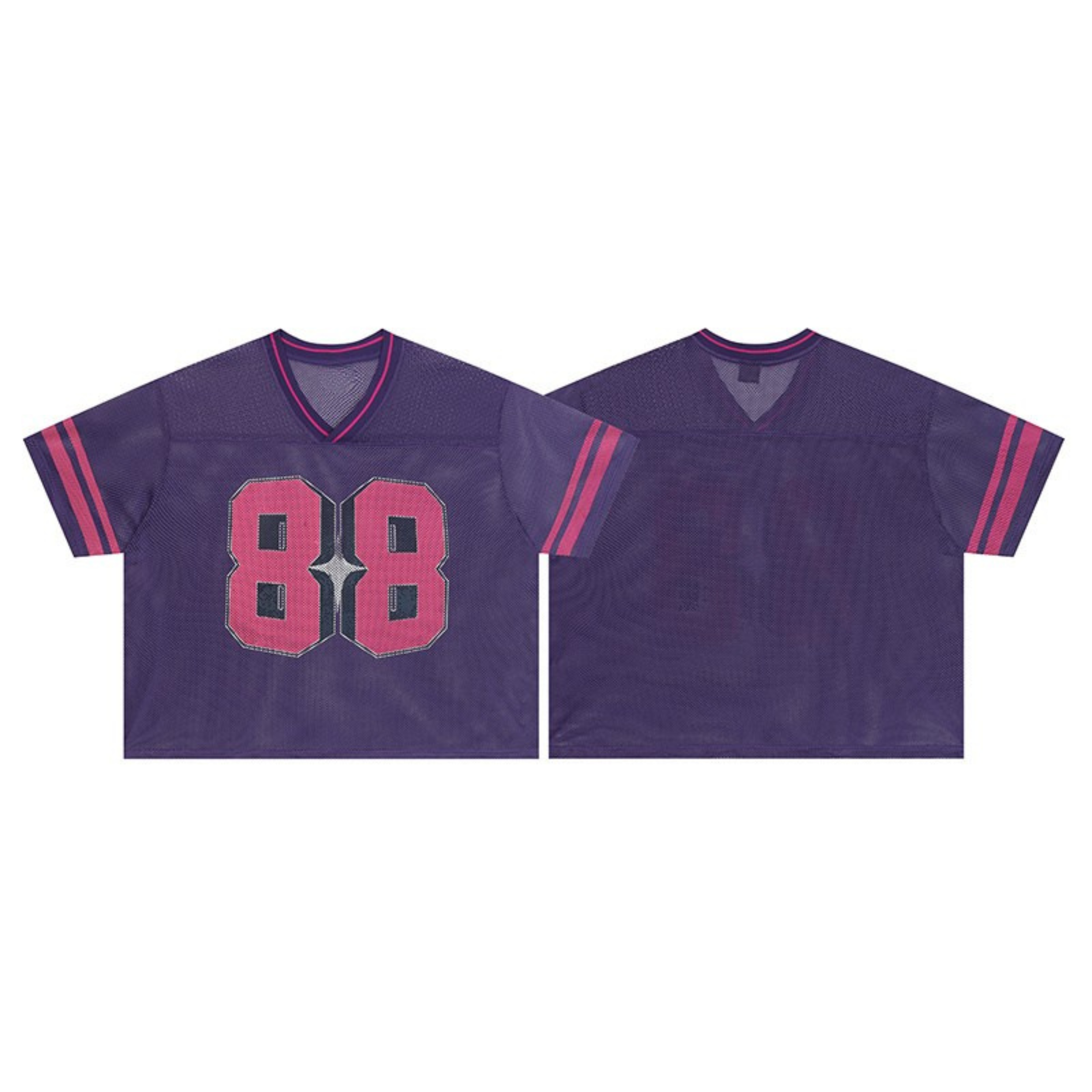 Purple mesh cropped football jersey with pink number 88 graphic and double stripe sleeves, front and back view