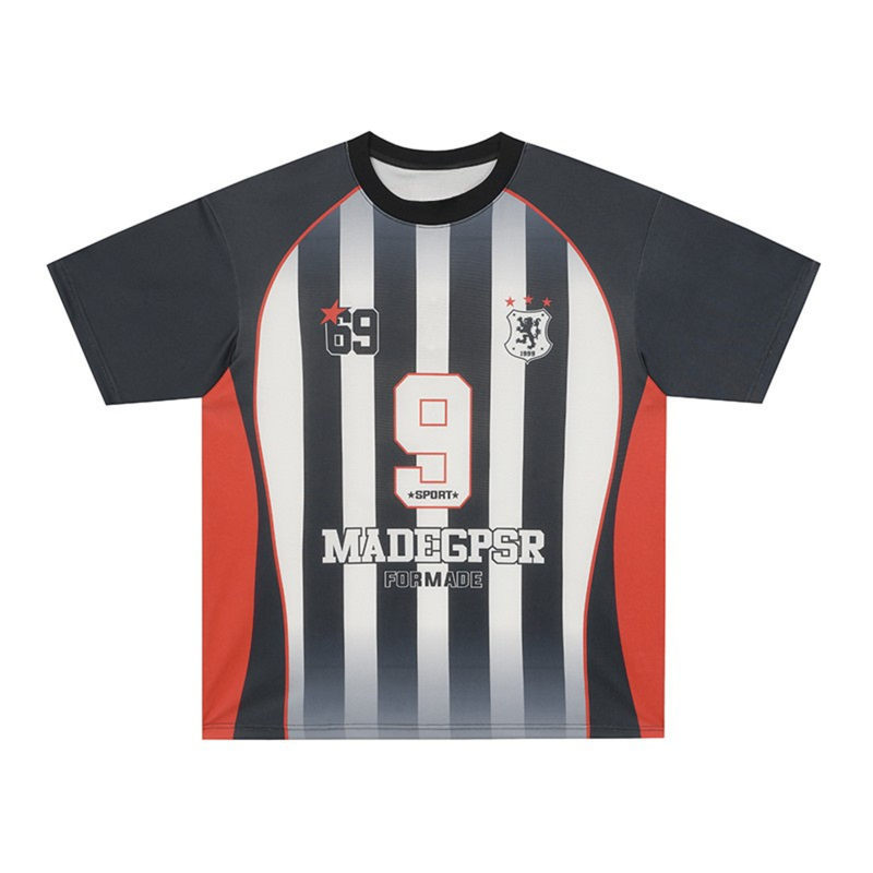 Black and gray vertical stripe athletic jersey with red accents, number 9 graphic, and bold sport lettering