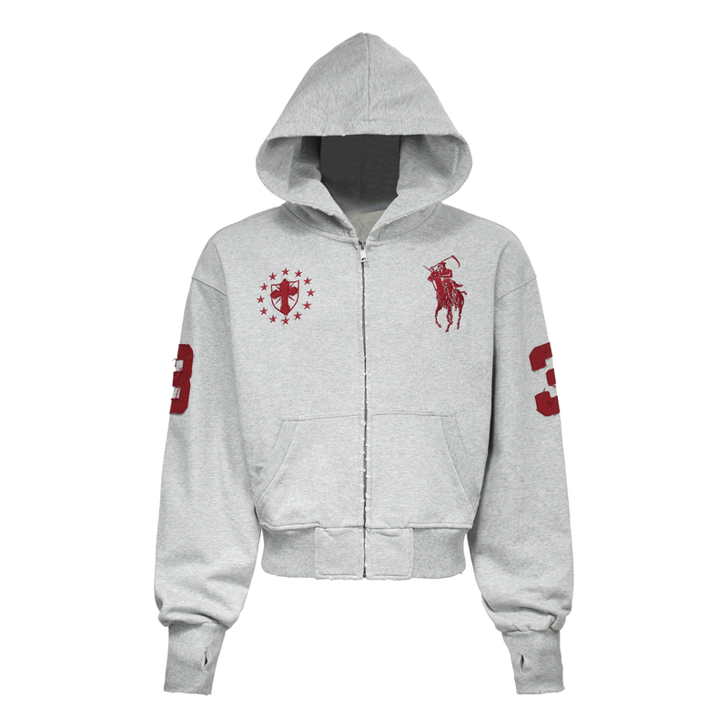 Light gray zip hoodie front view with red crest and rider chest graphics and front pockets