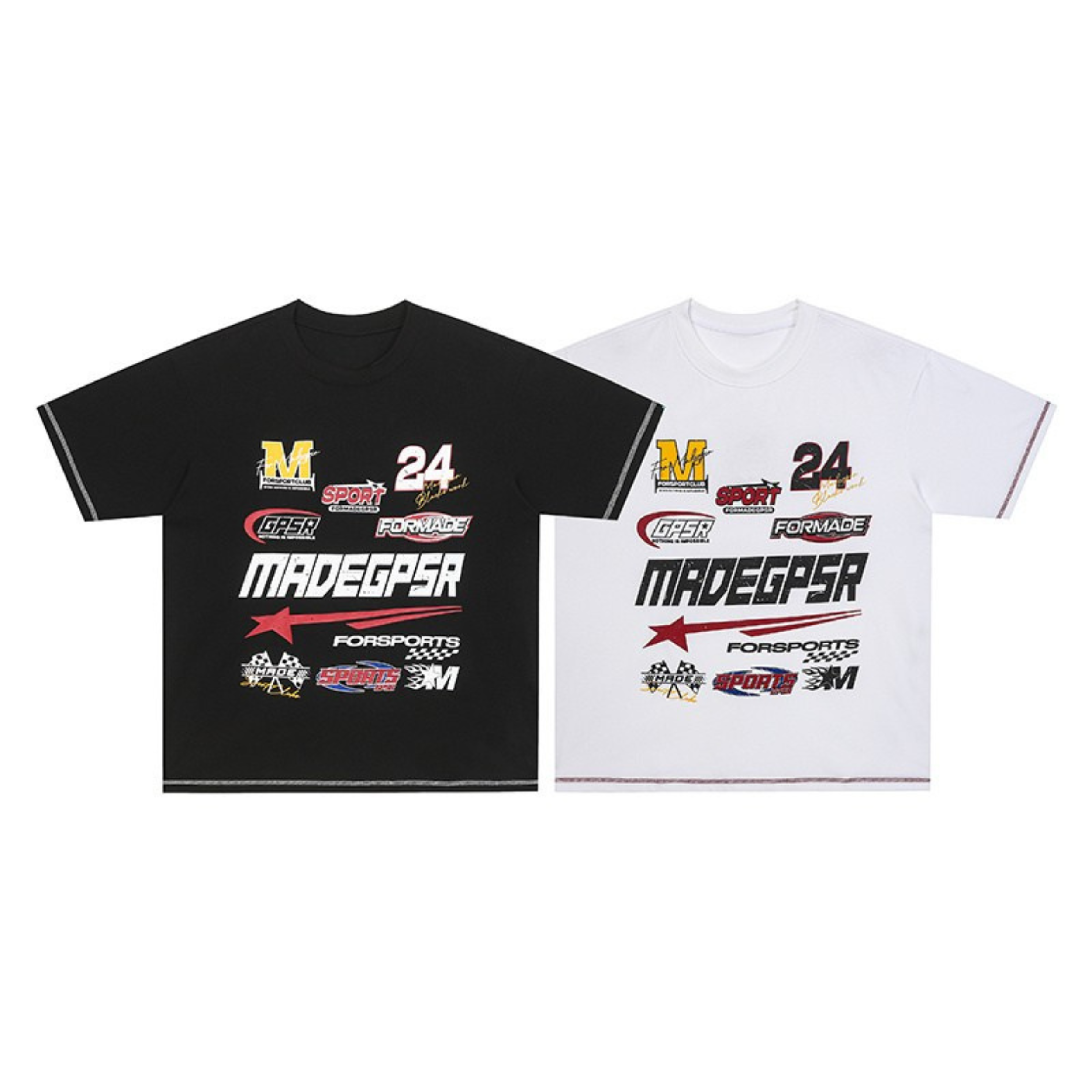 Black and white oversized cotton t-shirts with vintage motorsport multi-logo racing graphic print on the front