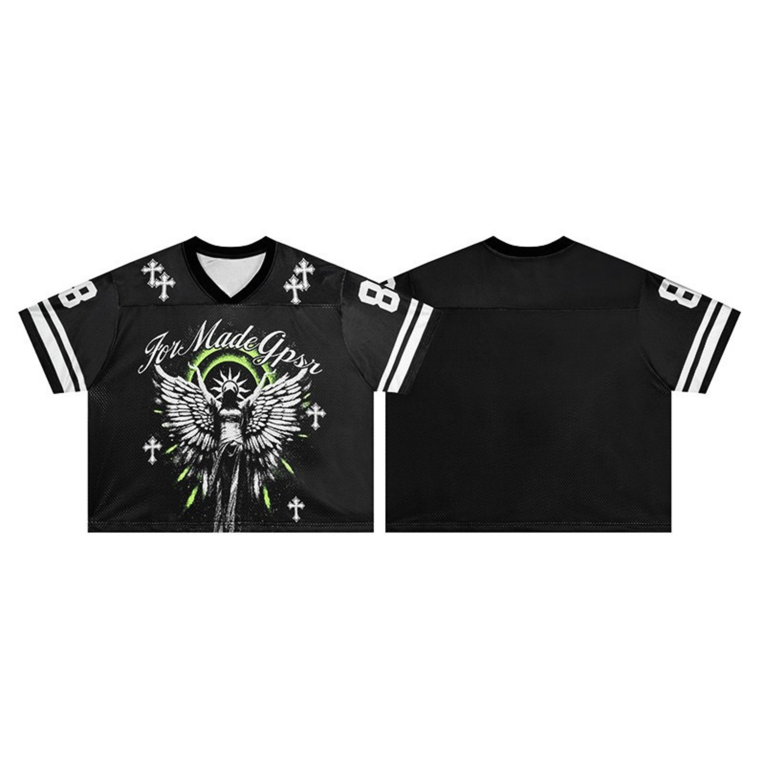 Black gothic football jersey with winged angel graphic, cross motifs, neon green halo, and varsity stripe sleeves, front and