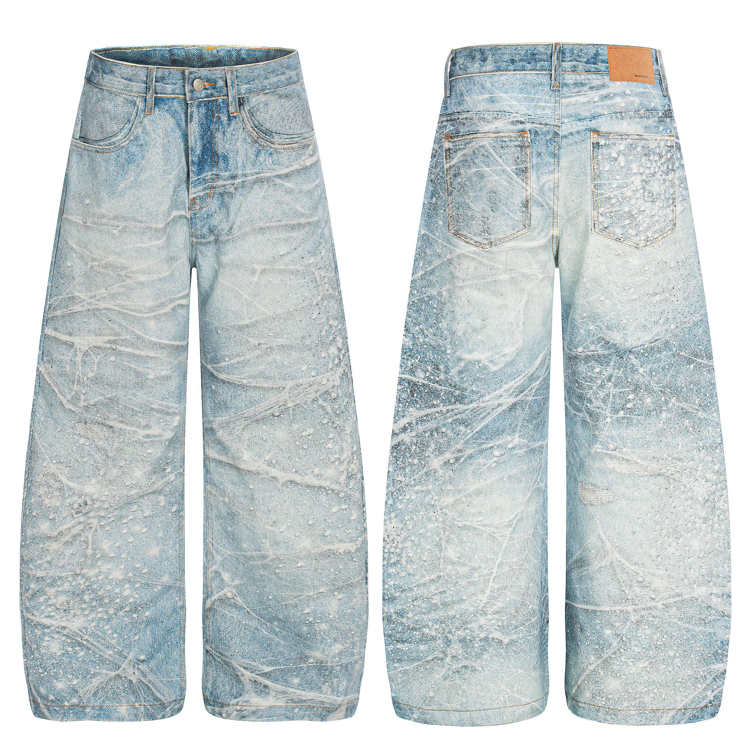 Front and back view of light blue wide-leg jeans with frosted spiderweb crease texture and paint-splatter detailing